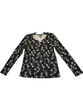 Style & Co Womens  XS Floral Print Long Sleeve Tee Deep Black Combo